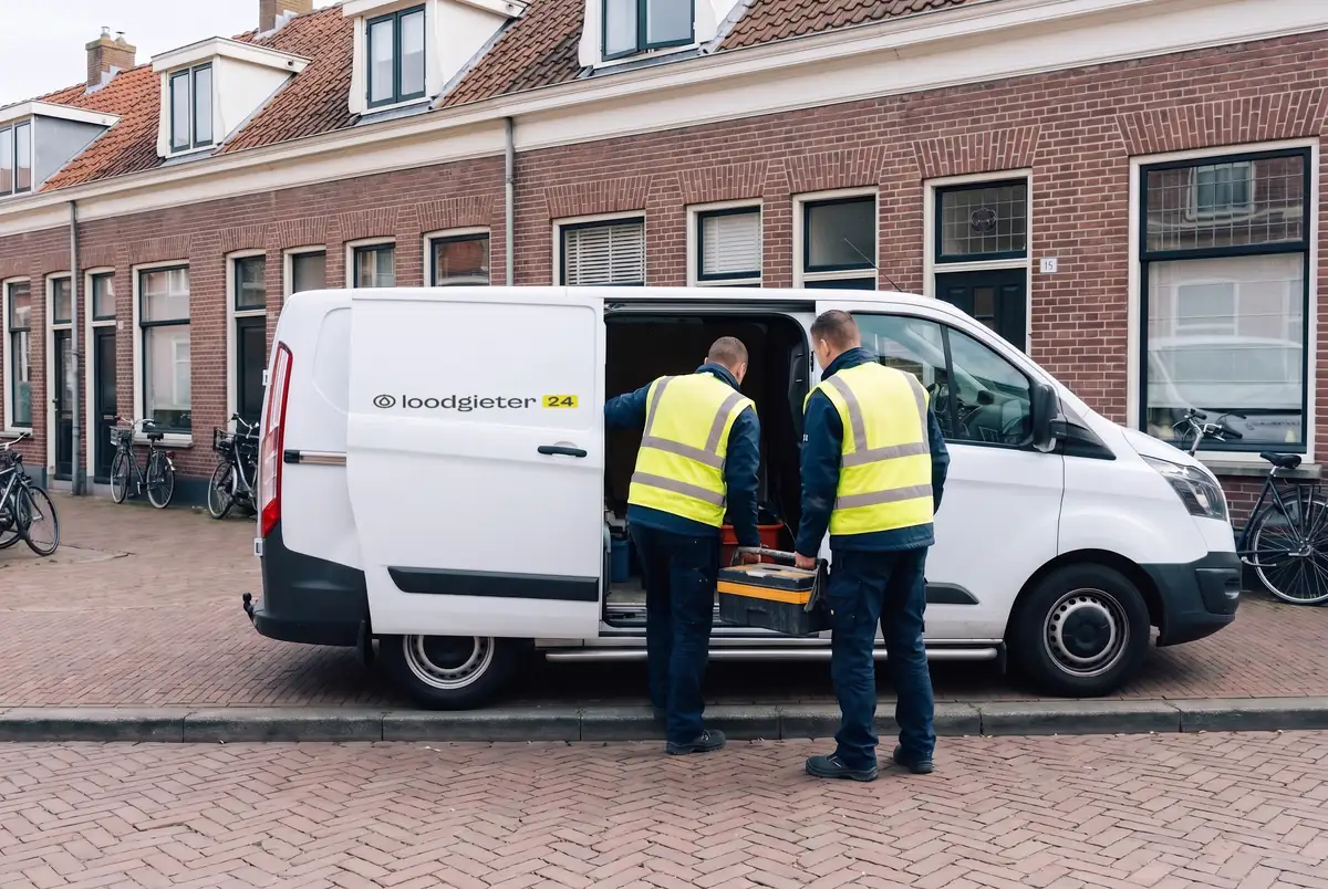 Twee monteurs bij hun bus in een straat met rijtjeshuizen
